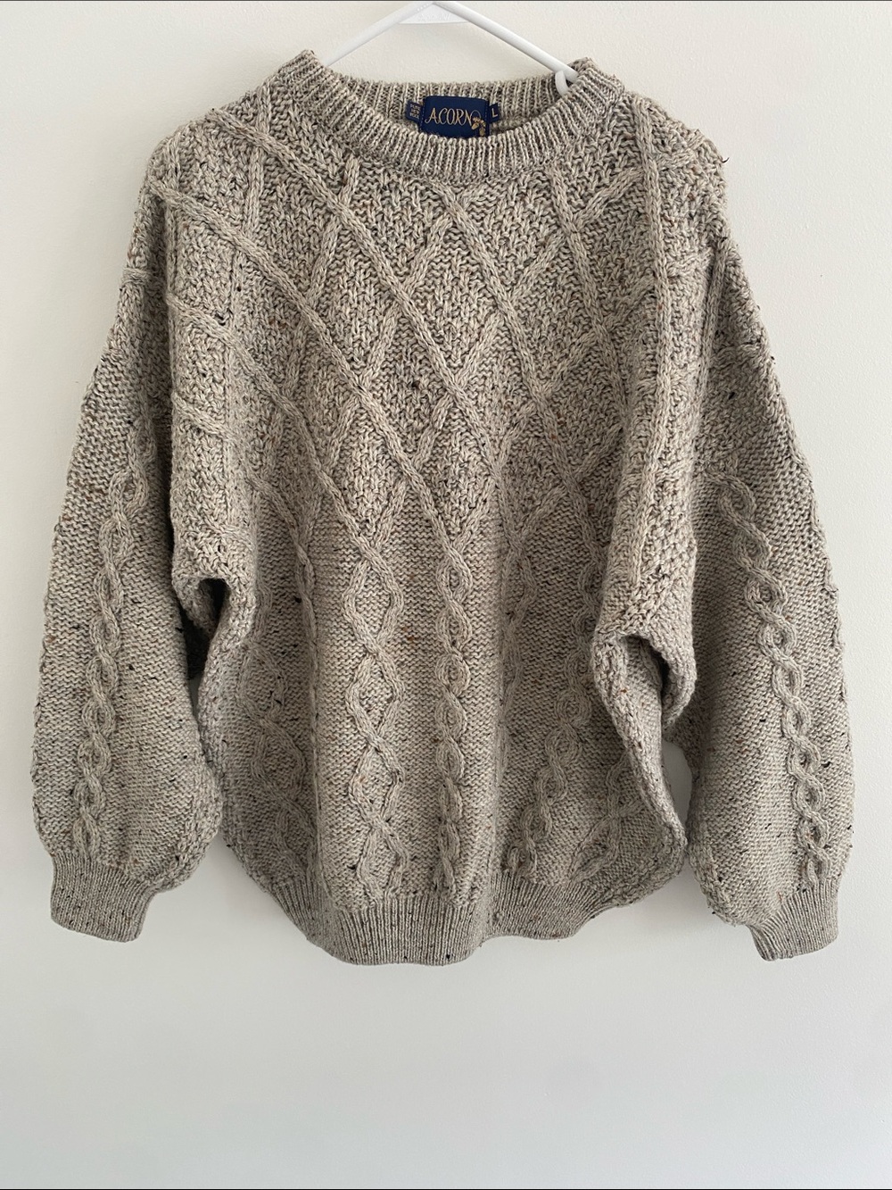 Vintage Acorn British Wool Cable Fisherman Crew Sweater Oatmeal Size LARGE *read